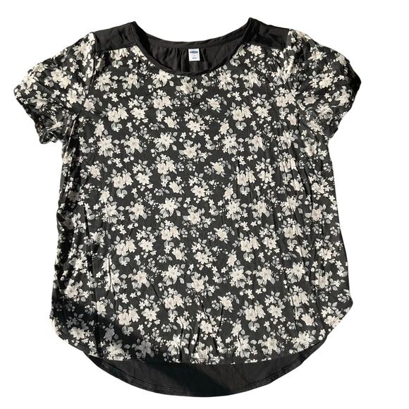 Old Navy Women Blouse size L Floral Black & White ShortSleeve Glossy Back - Picture 1 of 8